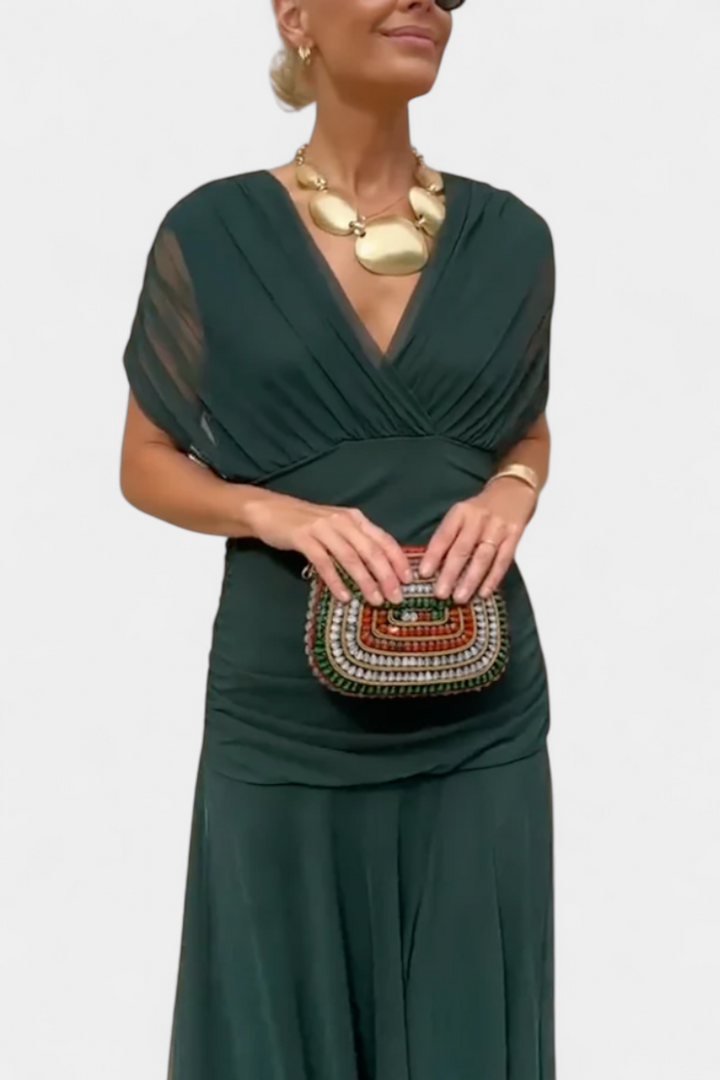 Magda | Langes Blumenkleid mit V-Ausschnitt und Plisseetaille