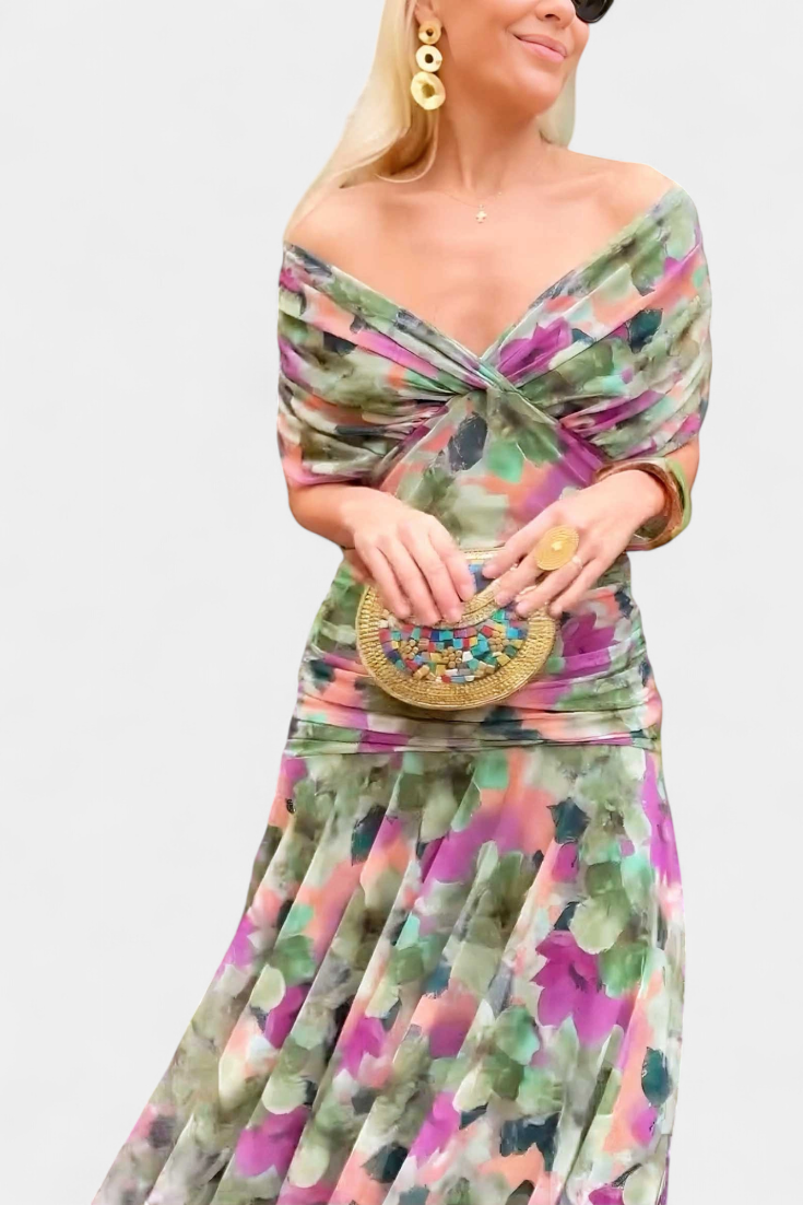 Magda | Langes Blumenkleid mit V-Ausschnitt und Plisseetaille