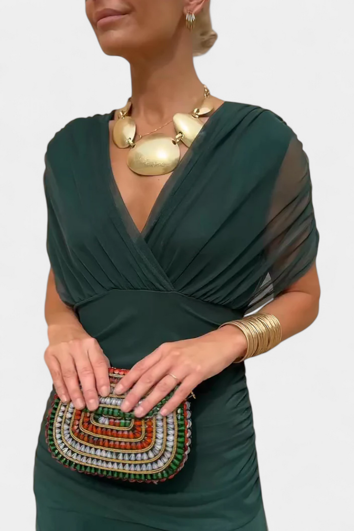 Magda | Langes Blumenkleid mit V-Ausschnitt und Plisseetaille