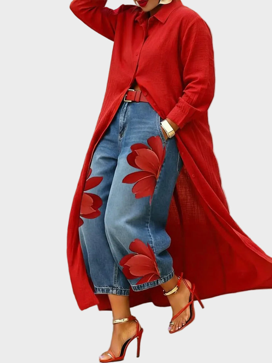 Daniella | Leinen-Hemdkleid mit Blumen-Jeans im Set