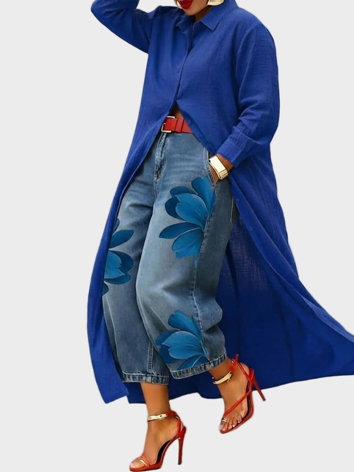 Daniella | Leinen-Hemdkleid mit Blumen-Jeans im Set
