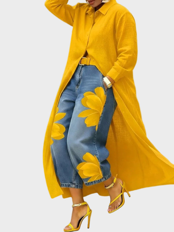 Daniella | Leinen-Hemdkleid mit Blumen-Jeans im Set