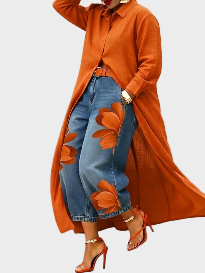 Daniella | Leinen-Hemdkleid mit Blumen-Jeans im Set